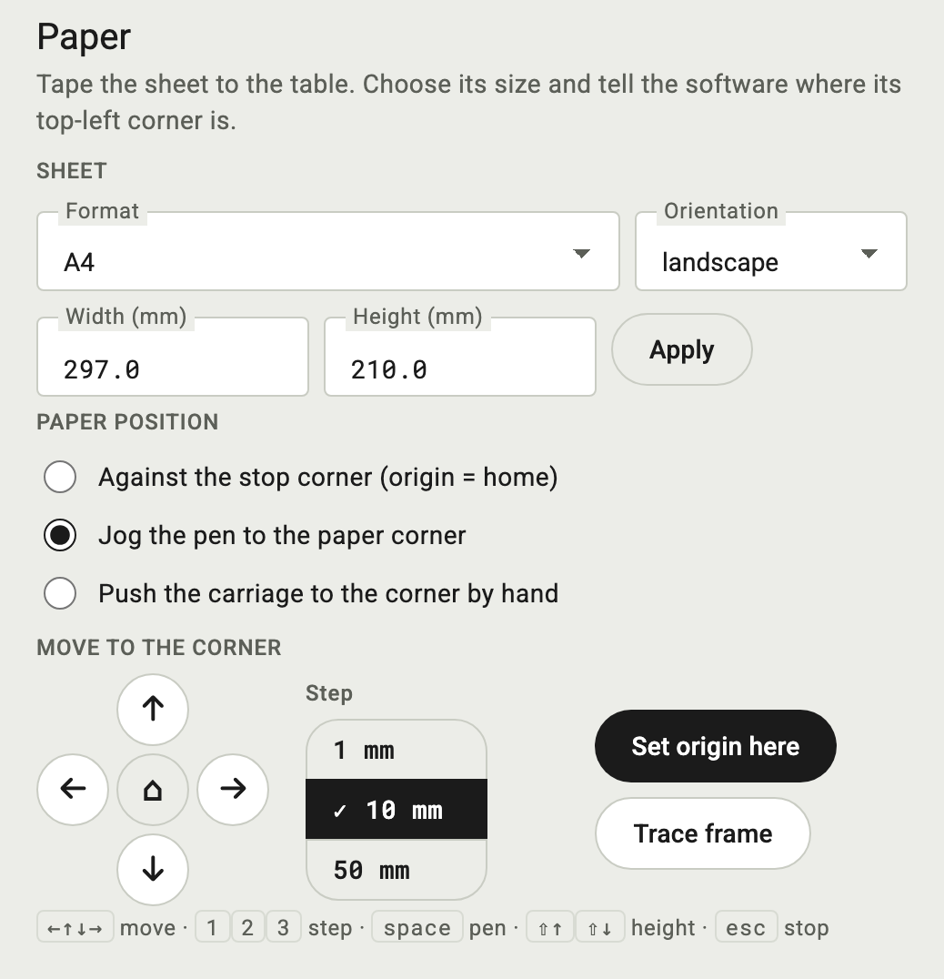 Paper step: A4 landscape, jog to the paper corner with Set origin here and Trace frame