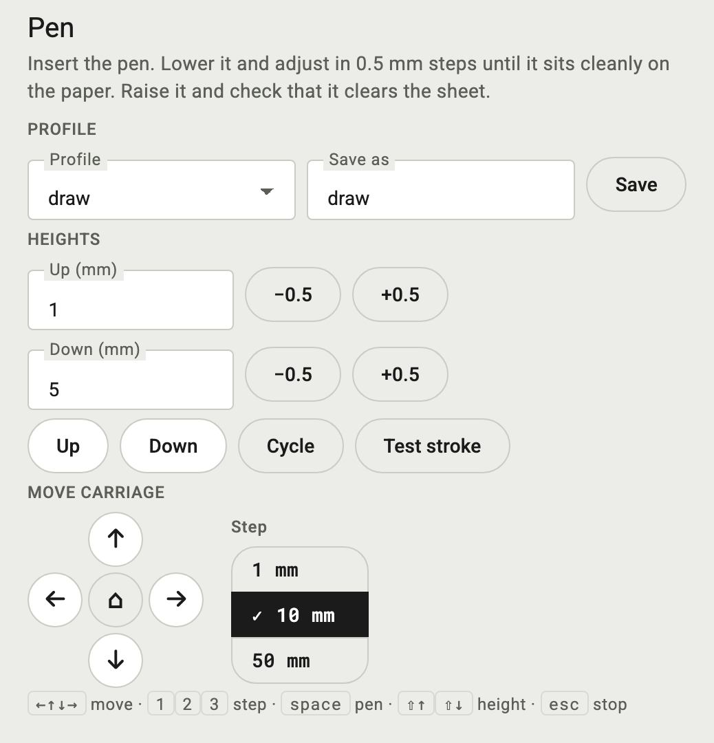 Pen step: profile, pen heights with 0.5 mm buttons, Up, Down, Cycle, Test stroke, jog cross with step sizes