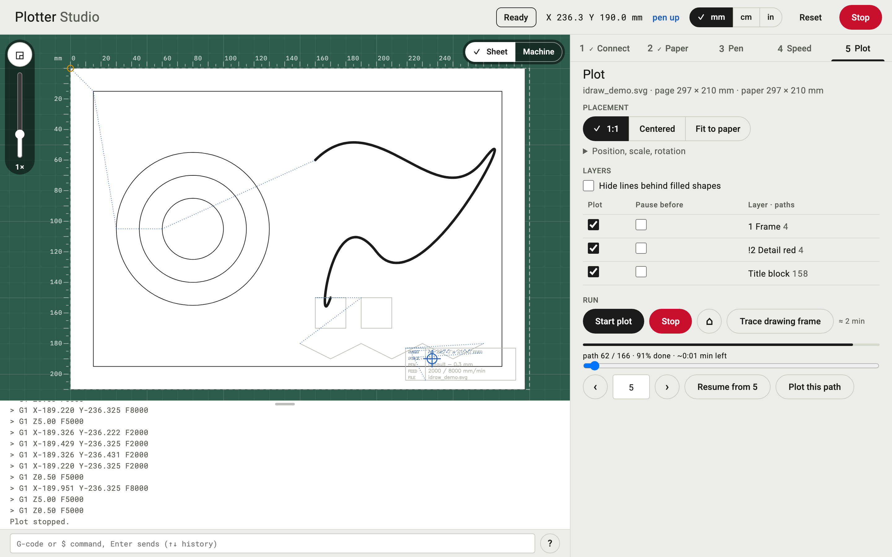 After a stop: a click on the curve picked path 5, drawn thick, path number 5 next to the arrows, Resume from 5 and Plot this path in the Run group