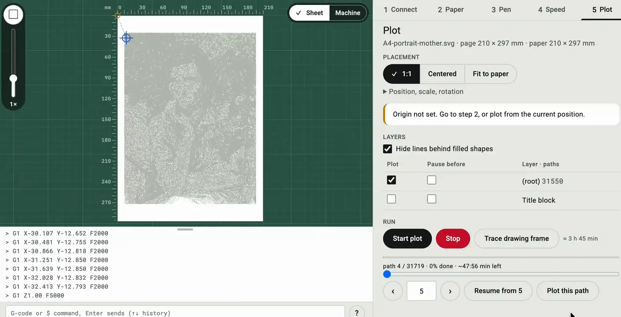 Plotter Studio in the simulator: the stress test drawing is plotted, zoomed in, stopped, then a path is picked and plotted again