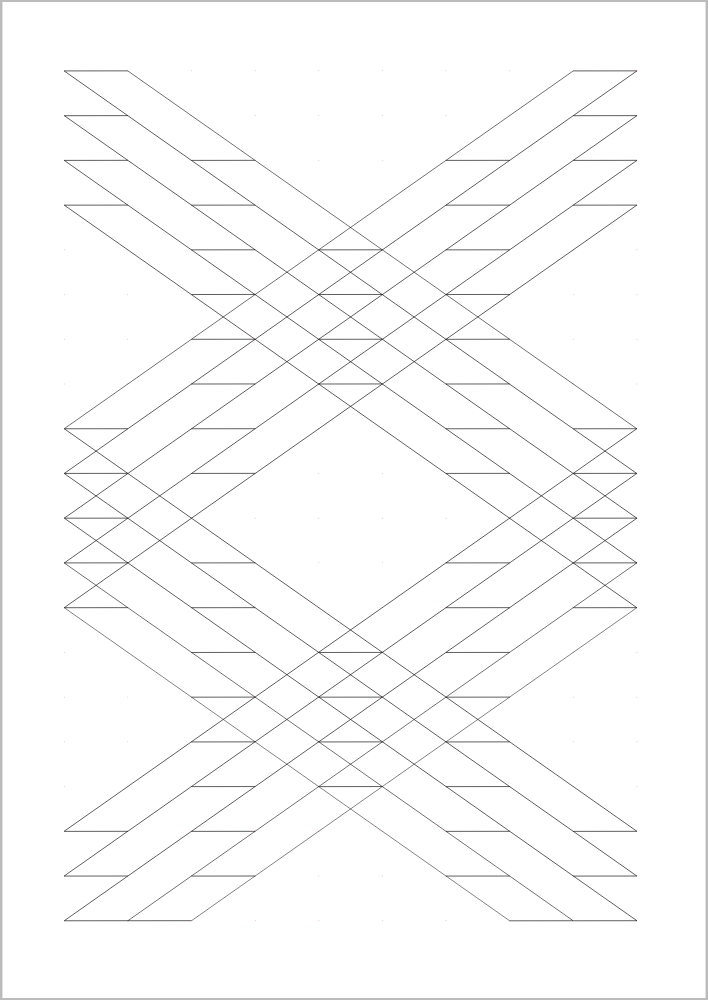An A3 portrait sheet with long diagonal lines crossing in an X pattern, short horizontal lines and a faint grid of dots