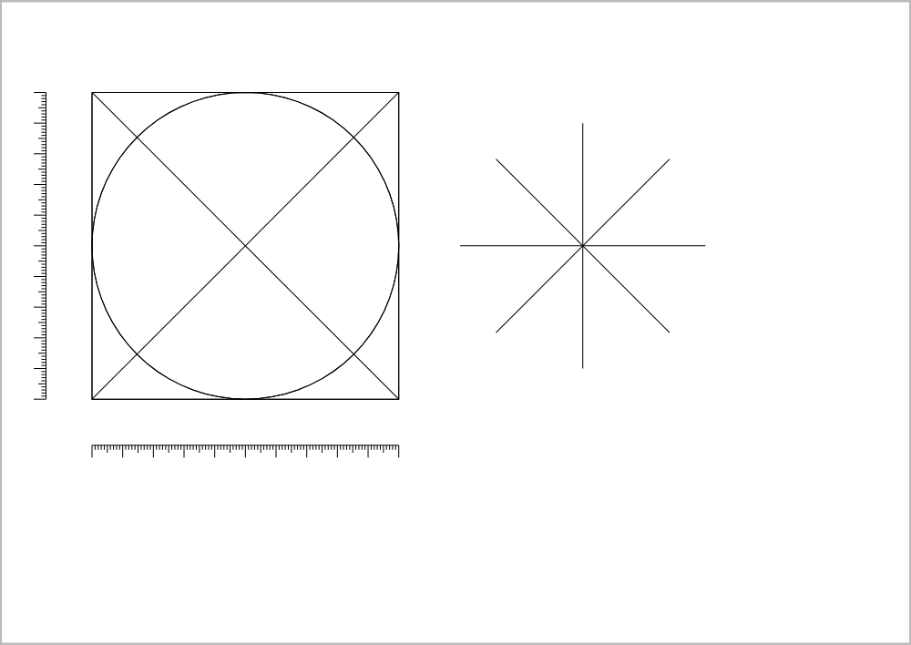 A square with diagonals and an inscribed circle, a star of eight lines, and a millimetre ruler under and beside the square