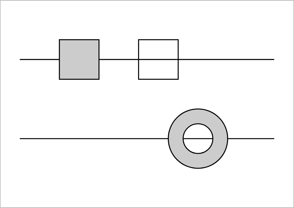 Two long lines; the upper one passes a grey filled square and an empty square, the lower one a grey ring