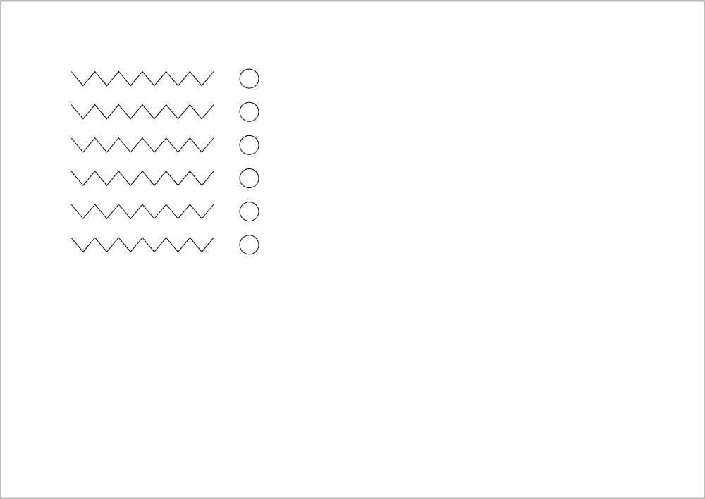Six rows of zigzag lines with a small circle next to each