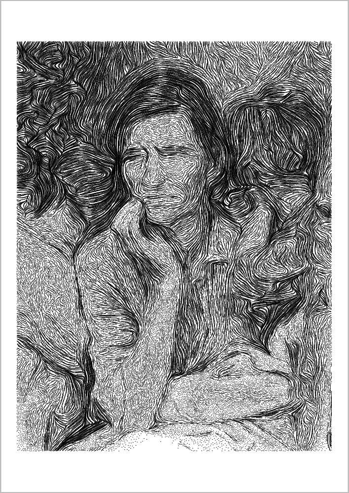 An engraving of Dorothea Lange's Migrant Mother, made of thousands of short curved strokes
