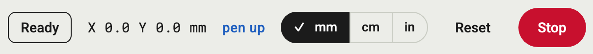 App bar: status Ready, position X 0.0 Y 0.0 mm, pen up, unit switch with mm selected, Reset, red Stop