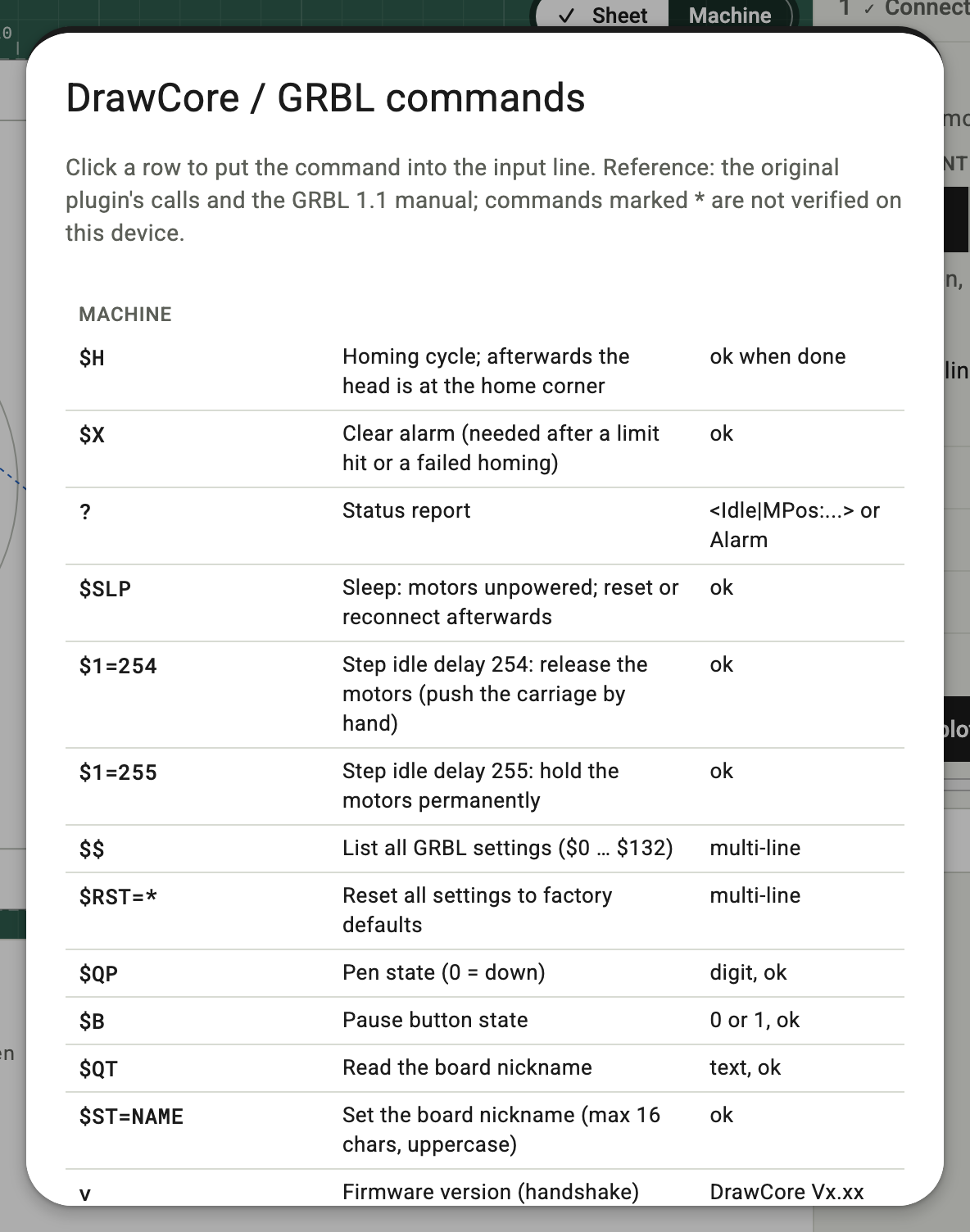 Command reference dialog DrawCore / GRBL commands, a table of command, purpose and reply
