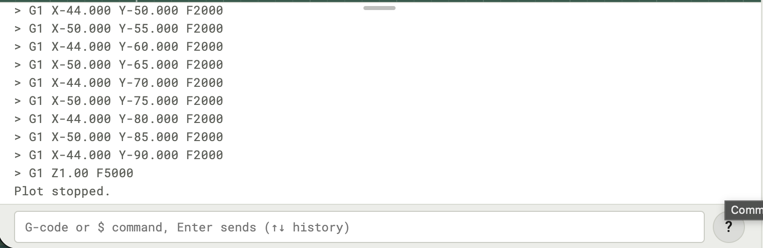 Console after a stopped plot: the log with the sent G-code lines and Plot stopped, below it the input line and the ? button