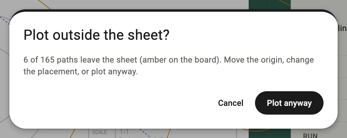 Dialog Plot outside the sheet? with the buttons Cancel and Plot anyway