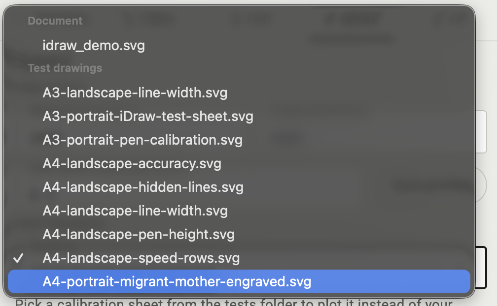 Test drawing list opened: under Document idraw_demo.svg, under Test drawings the nine files from the tests folder