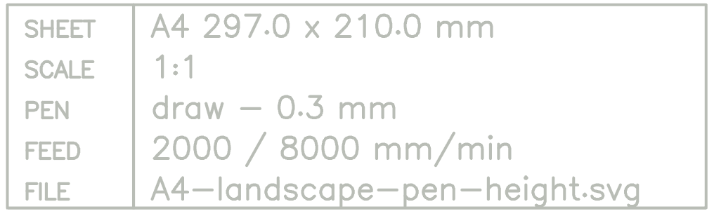 Title block: sheet A4 297.0 x 210.0 mm, scale 1:1, pen draw 0.3 mm, feed 2000 / 8000 mm/min, file A4-landscape-pen-height.svg